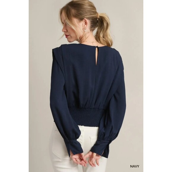NWT Umgee Navy Solid Defined Shoulder Crepe Blouse~Long Sleeve - Picture 2 of 10